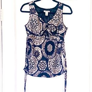 White House Black Market paisley sleeveless silk top, tie back XS